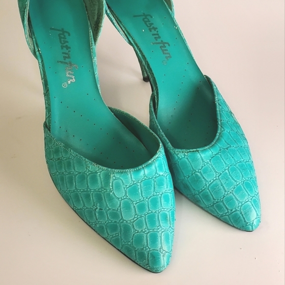 Vintage Bright Turquoise 80s Glam Faux Snakeskin Pumps - Picture 11 of 12